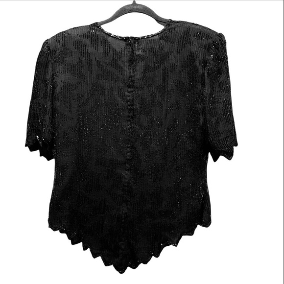 VTG Laurence Kazar Beaded Silk Top Black Sequin Evening Blouse Scalloped Size XL - Picture 2 of 10